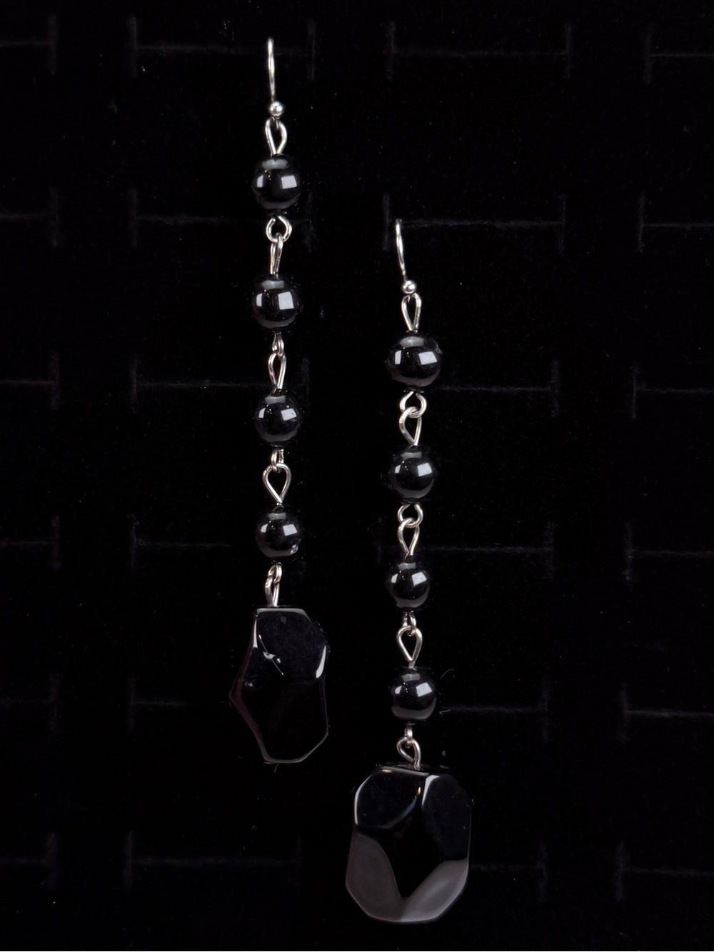 Superlong Black Silvertone Beaded Pierced Earrings